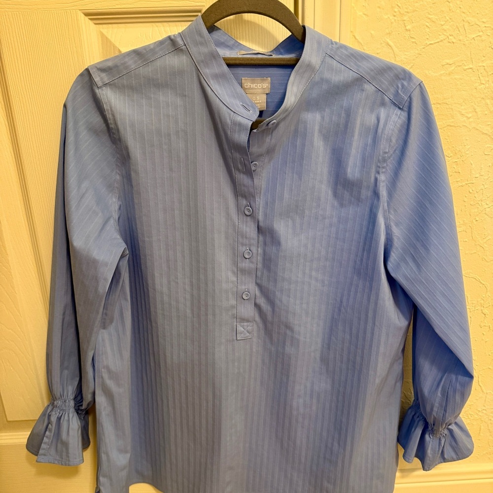 Chico's Blue Casual Shirt with Mandarin Collar